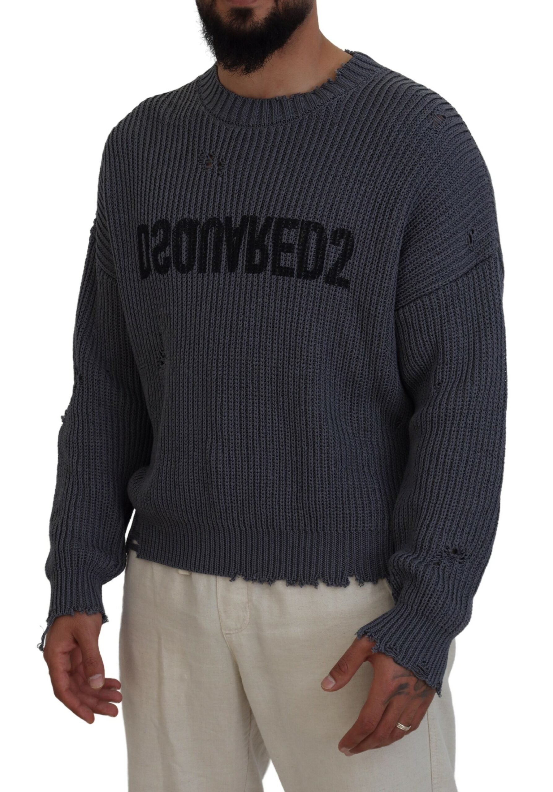 Dsquared² gri yırtık erkek örme kazak